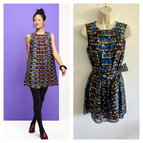 Anna Sui Sz S Metallic Mini Shift Dress Belted‎ Tie Waist Retro Mod Target - Picture 1 of 16